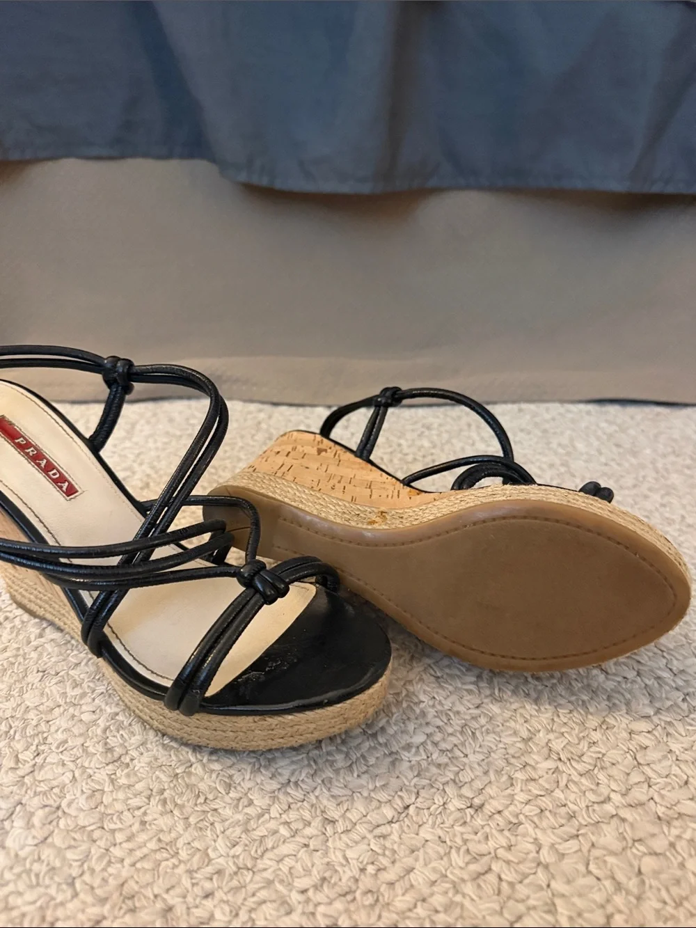 Prada Black Leather Strappy Espadrille Wedge Sandals
